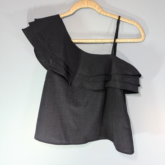 J.O.A. Navy Ruffled One Shoulder Top - Picture 2 of 5